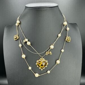 Betsey Johnson Vintage Triple Strand Necklace Leopard Heart Bow Pearl Gold